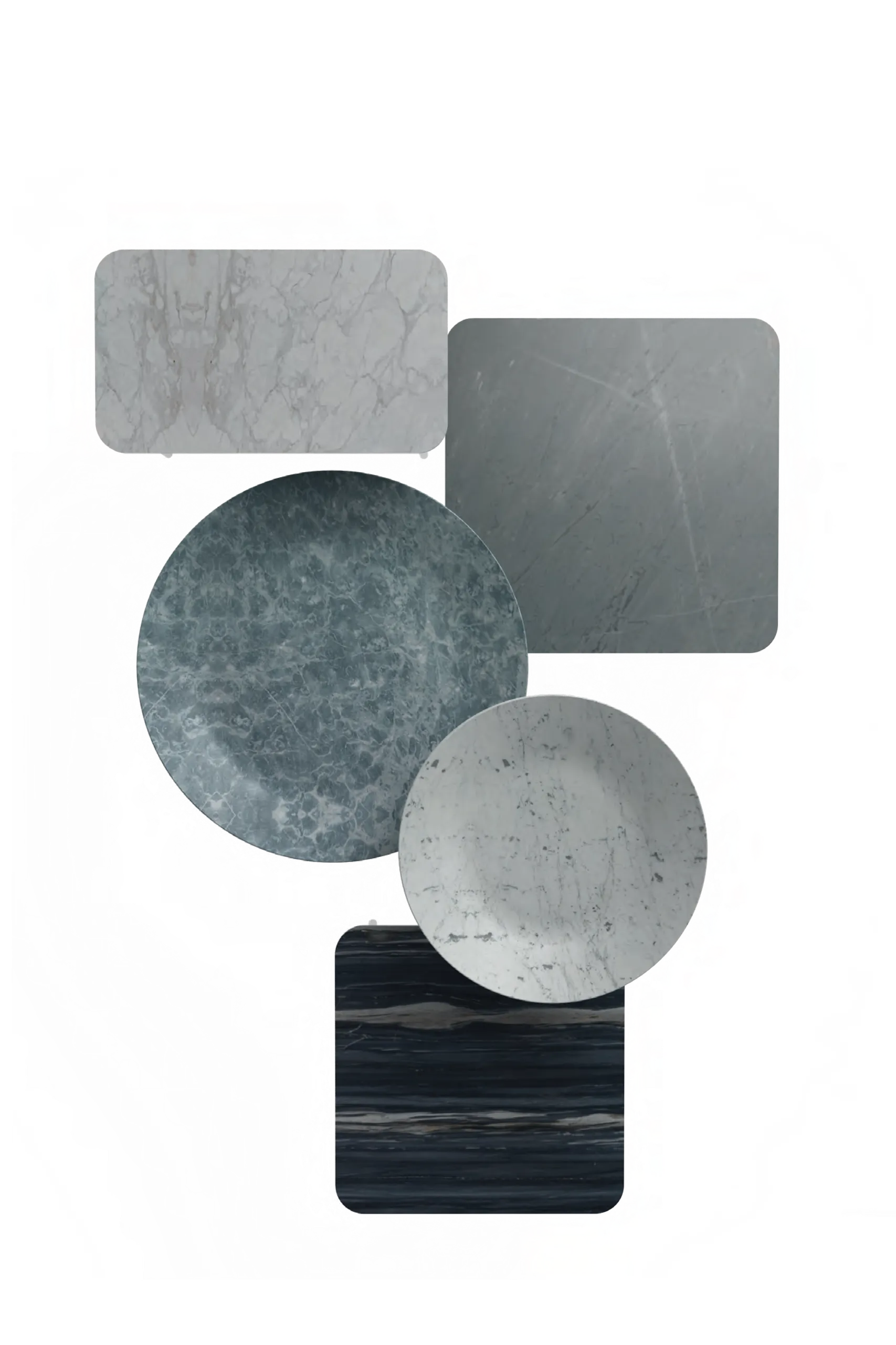 The six stone tops as material samples — two discs in green-grey and white-grey marble, and four rounded rectangles in pale veined marble, dark grey stone and a black-and-bronze figured marble