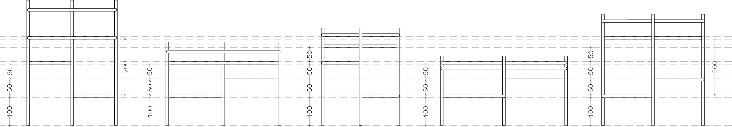 Elevation strip — every table and pouf in the family at its own height, drawn in a single line