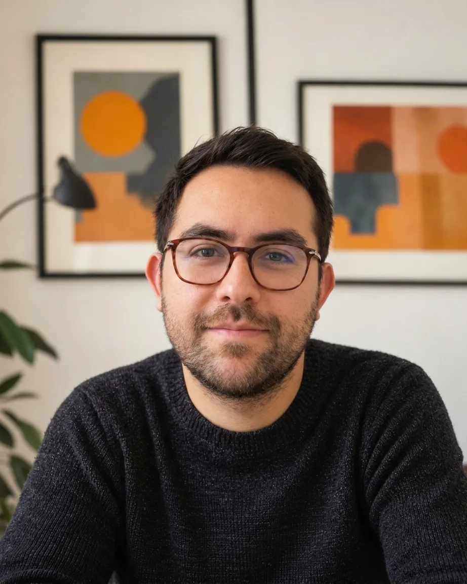 Portrait of Gerardo Dordelly — seated in a studio interior, natural light, framed prints behind