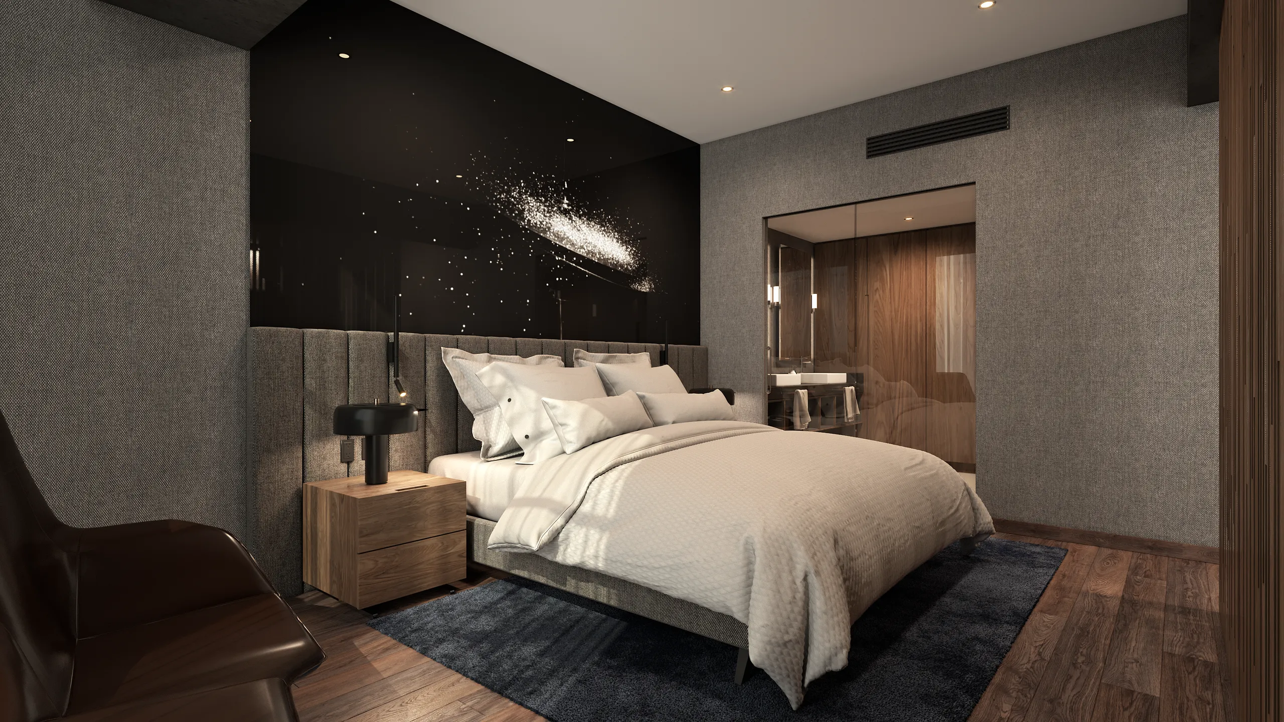 the master suite bedroom, rendered: a low bed in white linen against a channelled grey headboard wall, a black lacquered panel above it scattered with pinpoint lights, a walnut bedside chest carrying a black table lamp, the bathroom in walnut and mirror beyond